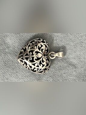 Sterling Silver Filigree Heart Pendant Necklace - Black Accent
